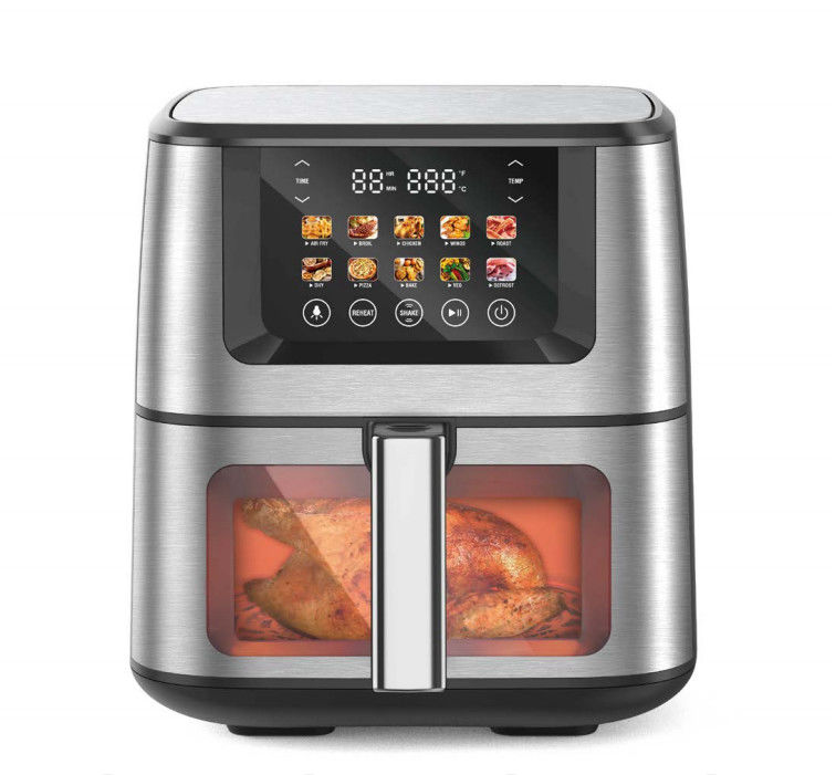 Descubra a frigideira de ar de aço inoxidável 8QT com controle táctil, temperatura máxima de 200°C e 10 menus pré-definidos!
